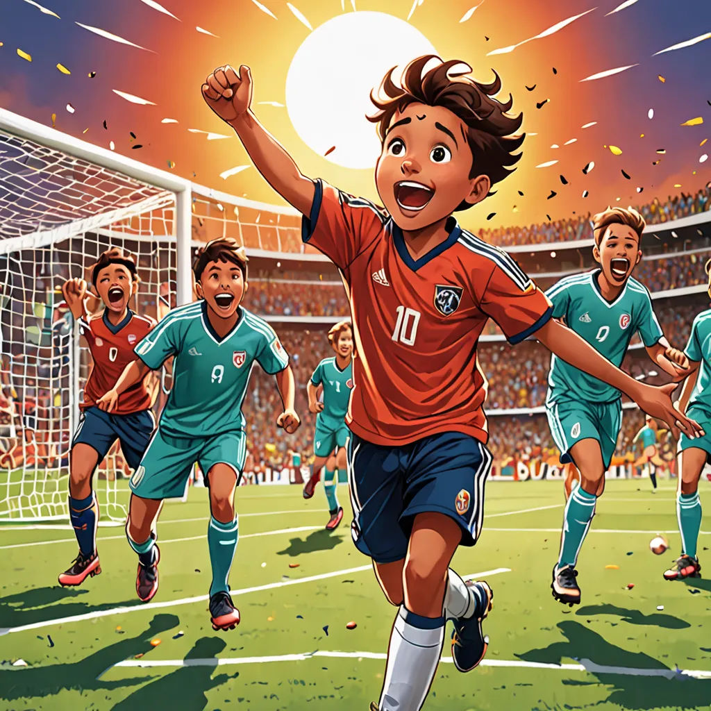 a cartoon of a boy celebrating a soccer game with his teammates in the background of a stadium full of people, fantastic realism, a storybook illustration, Alejandro Burdisio, official art