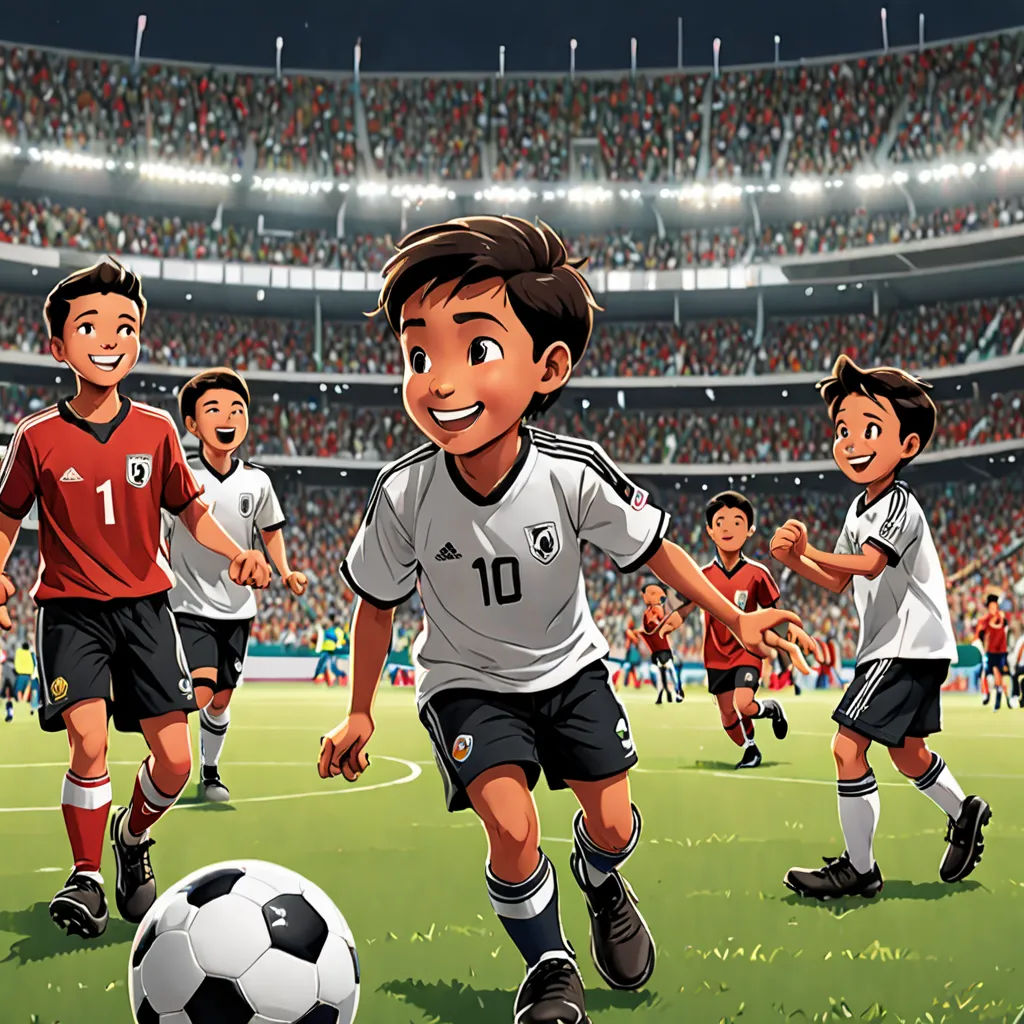 a group of children playing soccer in a stadium with a ball in front of them and a crowd of people watching, fantastic realism, a storybook illustration, Fathi Hassan, comic cover art