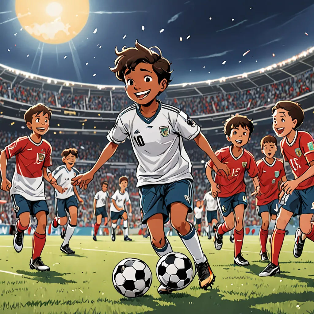 a cartoon of a soccer team running after a soccer ball in a stadium with a bright sun in the background, dau-al-set, a comic book panel, Emiliano Ponzi, official art