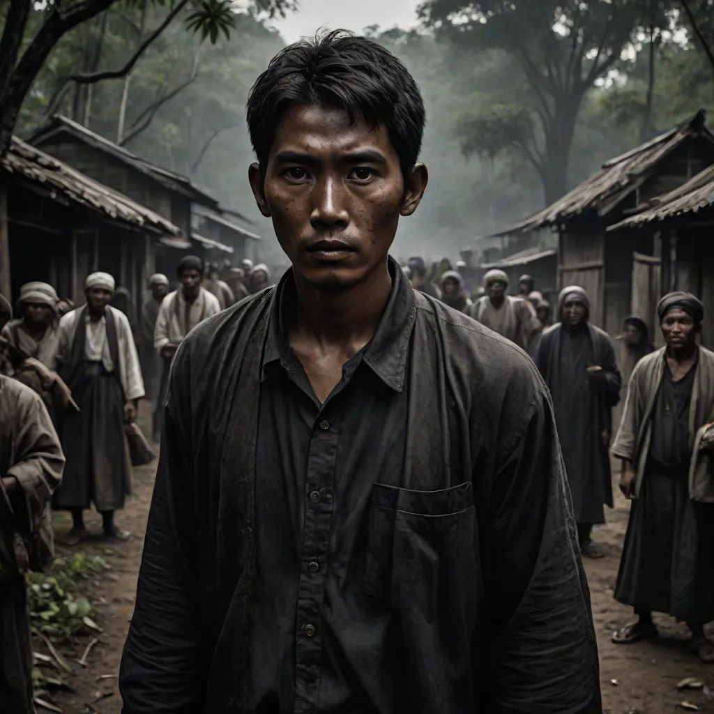 a man standing in front of a group of people in a village with trees and buildings in the background, Andrew Law, sumatraism, a poster, cinematic photography