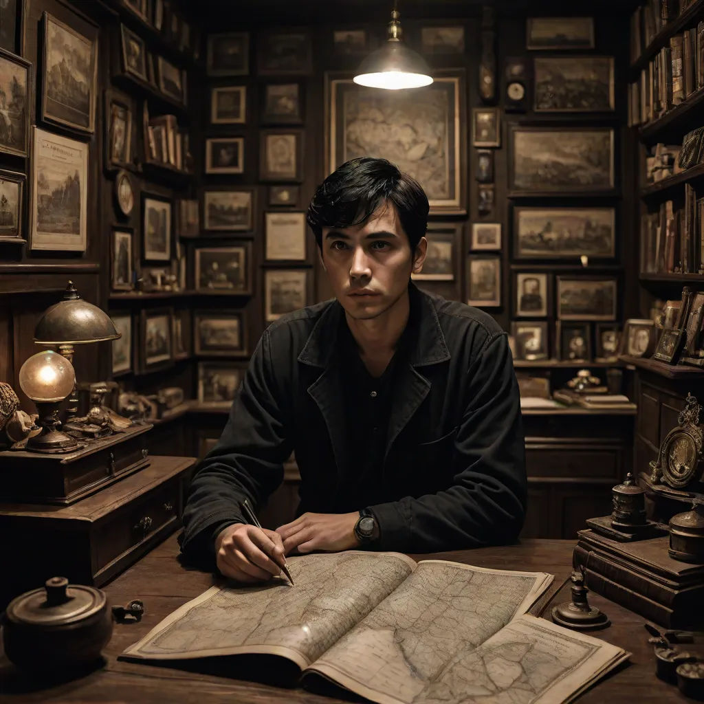 a man sitting at a desk with a book in front of him and a lamp above him in a room full of books, Du Jin, serial art, a character portrait, promotional image
