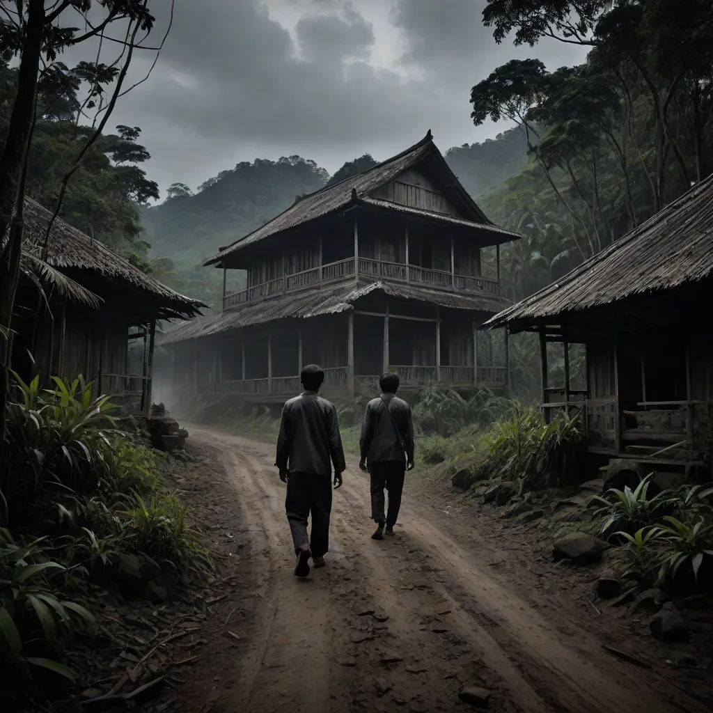 two men walking down a dirt road in front of a house in the woods with a dark sky in the background, Andrew Law, art photography, a detailed matte painting, cinematic photography