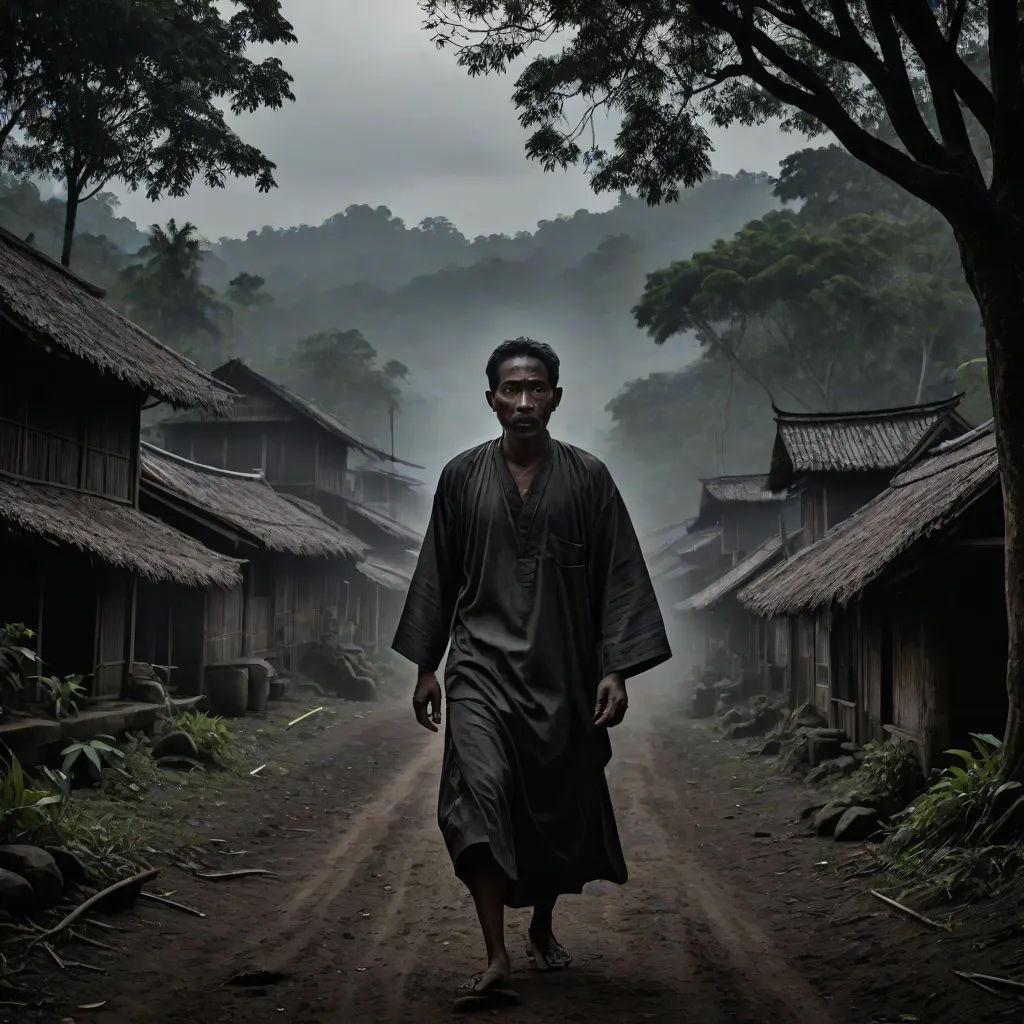 a man walking down a dirt road in front of a forest filled with trees and houses on a foggy day, Andrew Law, sumatraism, a detailed matte painting, cinematic photography