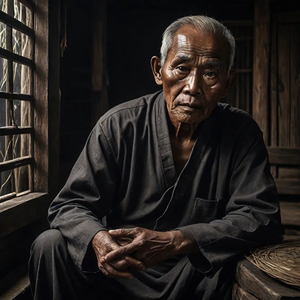 an old man sitting in front of a window in a room with wooden walls and a wooden floor and a wooden window, Andrew Law, art photography, a character portrait, portrait photography