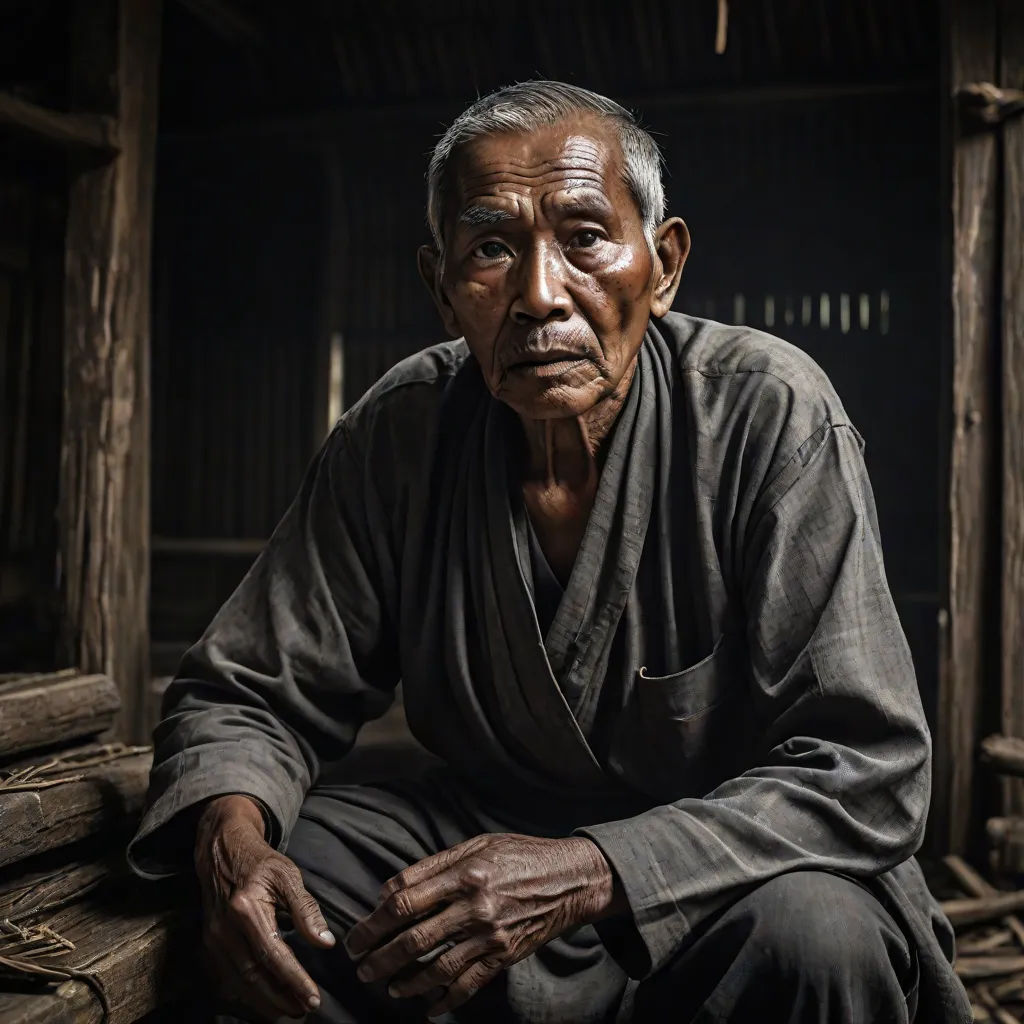 a man sitting on a wooden bench in a hut with a black background and a wooden floor and walls, Andrew Law, sumatraism, a character portrait, portrait photography