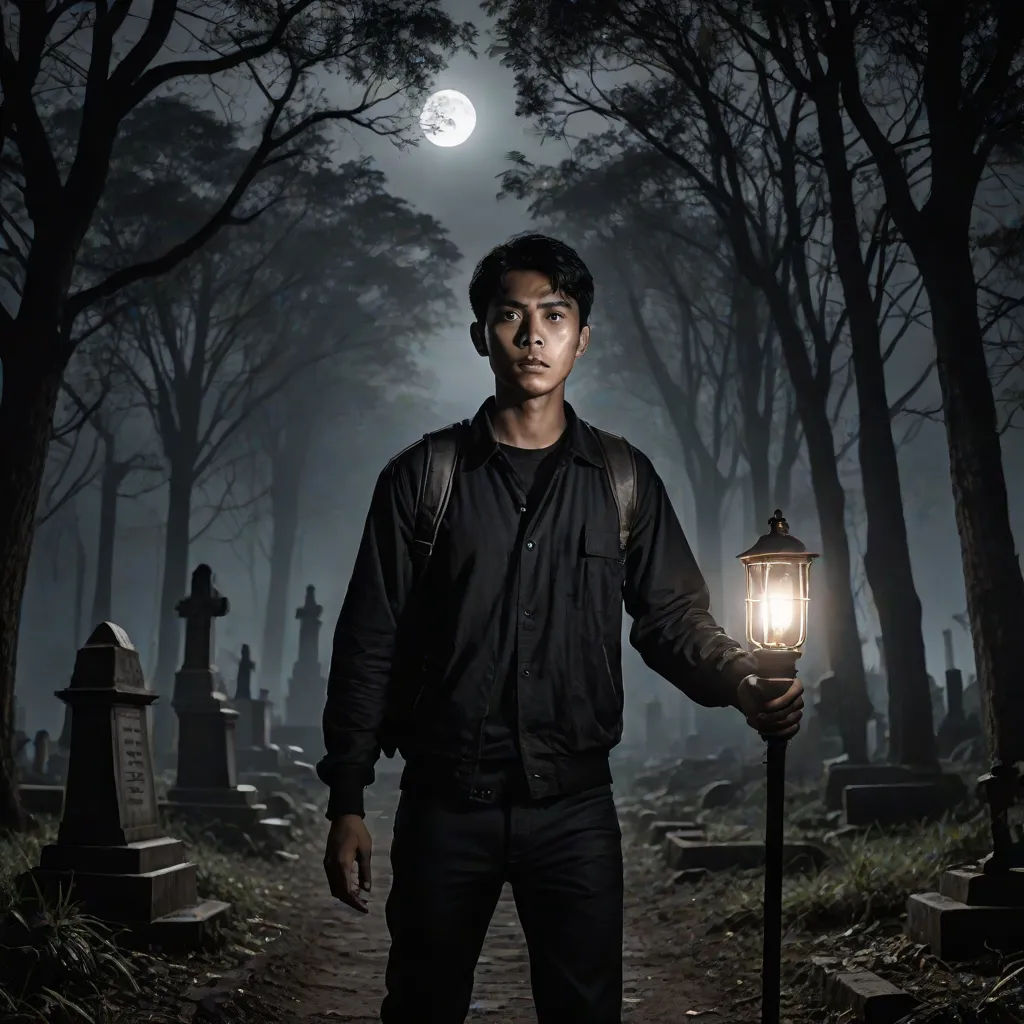 a man holding a lantern in a cemetery at night with a full moon in the background and trees in the foreground, Adrian Zingg, art photography, a character portrait, promotional image