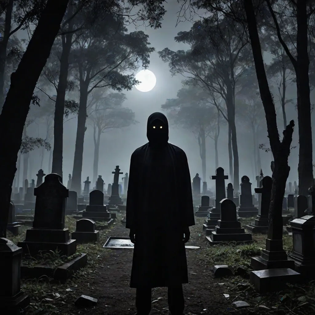 a man in a hooded suit standing in a cemetery at night with a full moon in the background and trees, Dirk Crabeth, gothic art, concept art, dark art