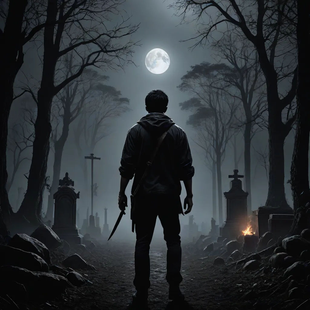 a man with a backpack and a knife standing in a cemetery at night with a full moon in the background, Dirk Crabeth, sots art, poster art, key art