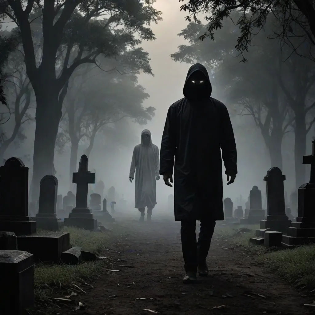 a man in a hooded jacket walking through a cemetery with a ghost mask on his face and a cemetery in the background, Dirk Crabeth, gothic art, concept art, dark art