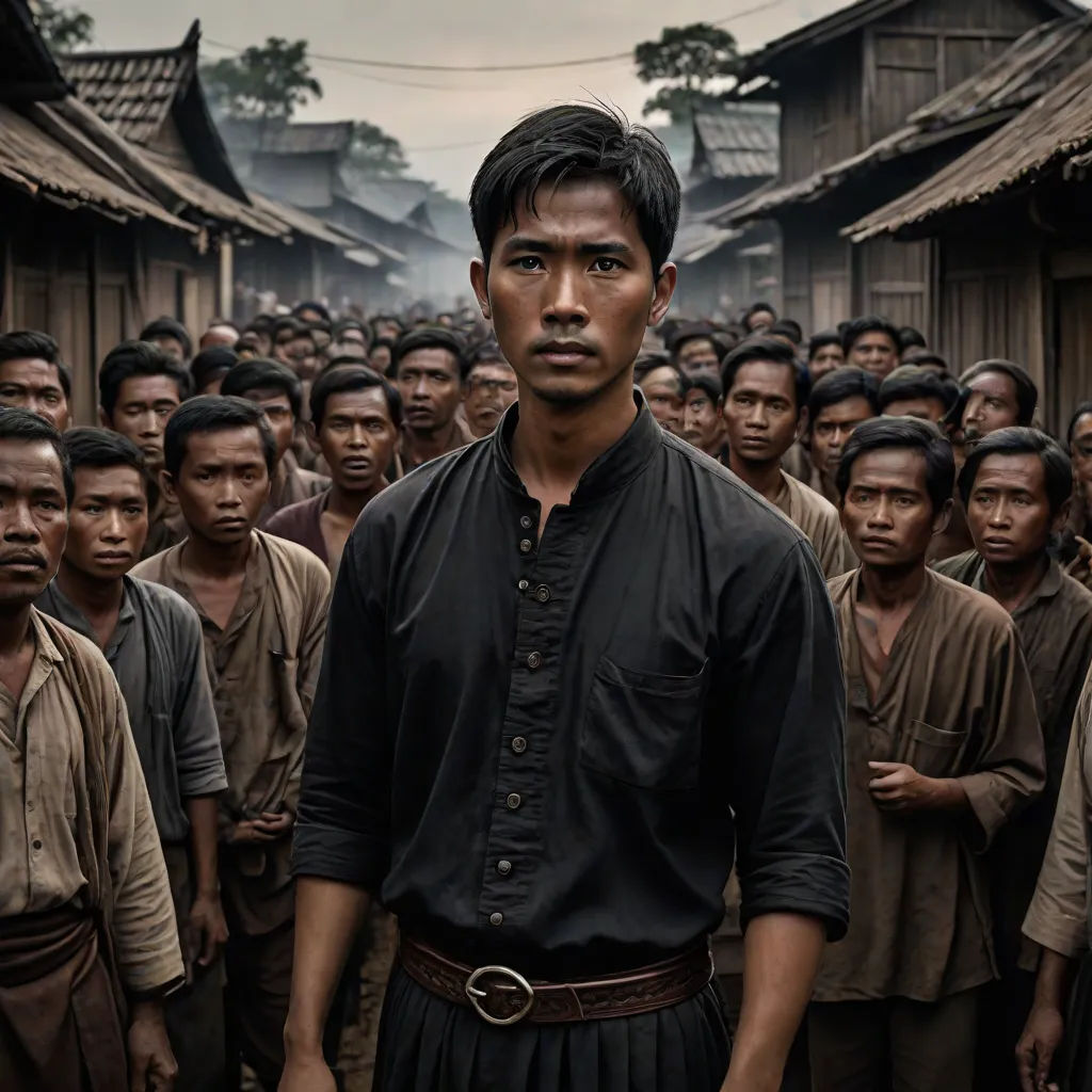 a man standing in front of a group of people in a village with a sky background and a line of buildings, Fang Congyi, primitivism, a poster, promotional image
