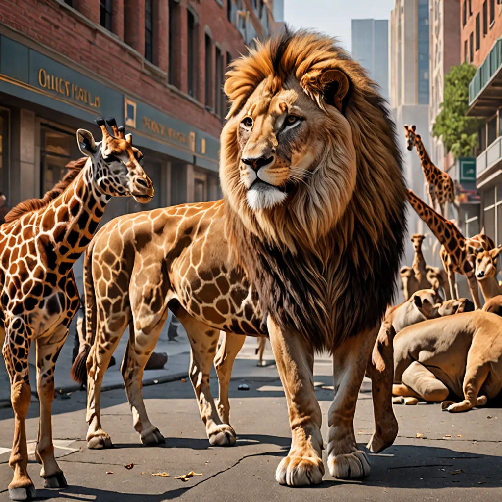 a group of giraffes and a lion on a city street with buildings in the background and a statue of a lion, fantastic realism, a matte painting, Chris LaBrooy, photoreal