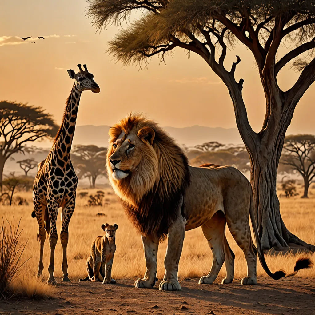 a lion and two giraffes stand in the middle of a field with trees and other animals, naturalism, a matte painting, Chris LaBrooy, wildlife photography