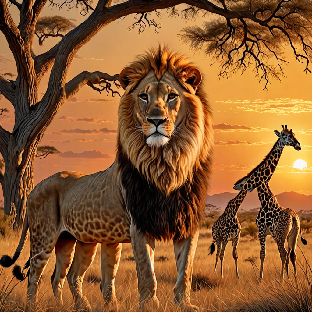 a lion and two giraffes in a field at sunset with a tree and a giraffe, fantastic realism, an airbrush painting, Chris LaBrooy, highly detailed digital painting