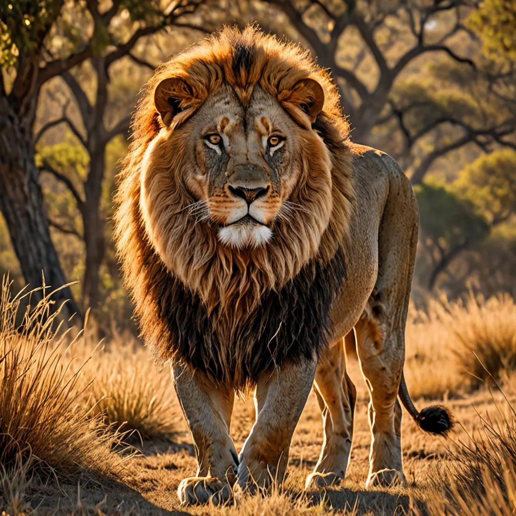 a lion walking through a field with trees in the background and grass in the foreground, with a few bushes in the foreground, sumatraism, a photorealistic painting, Darrell Riche, wildlife photography