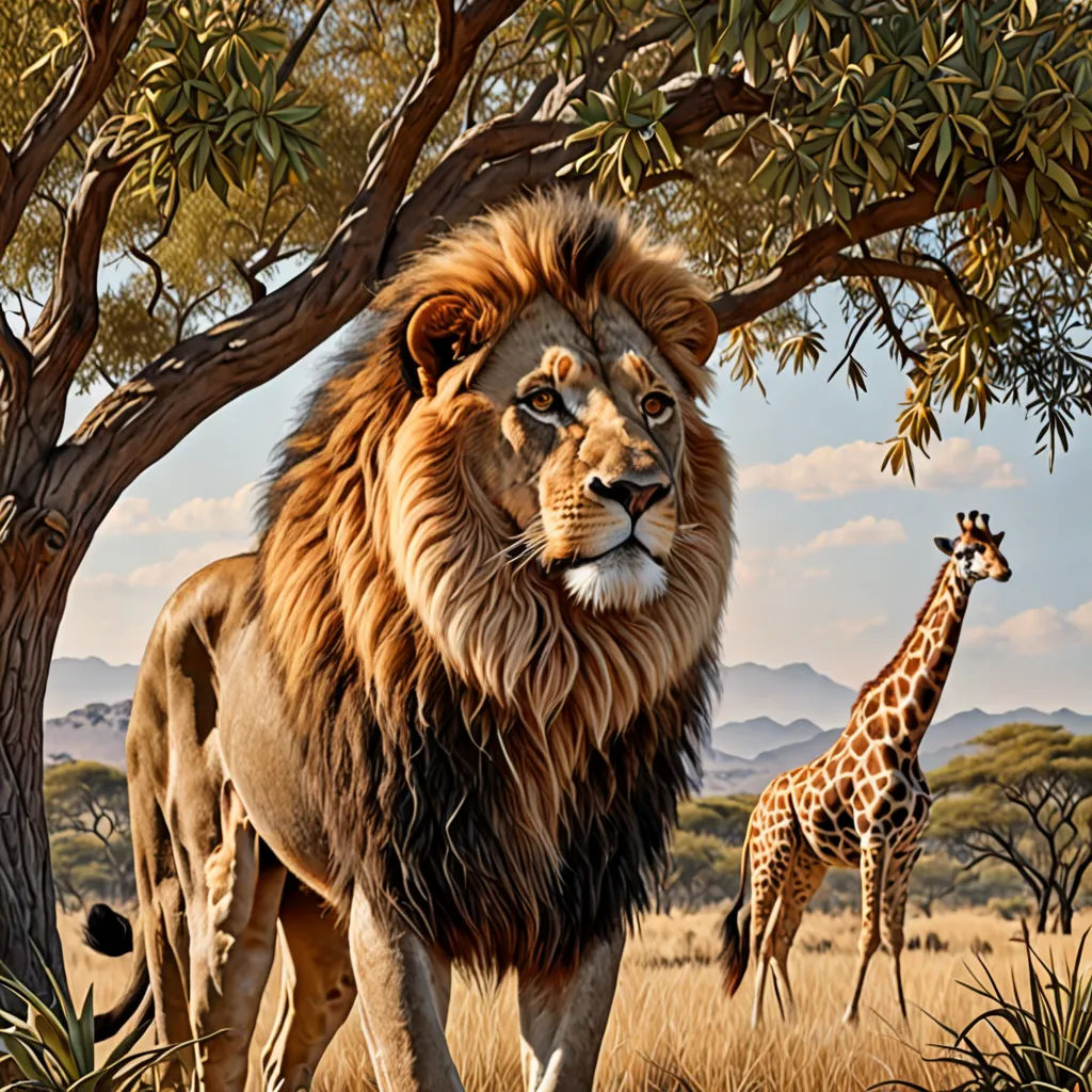 a lion and a giraffe standing in a field next to a tree and a giraffe, photorealism, an airbrush painting, Brothers Hildebrandt, highly detailed digital painting
