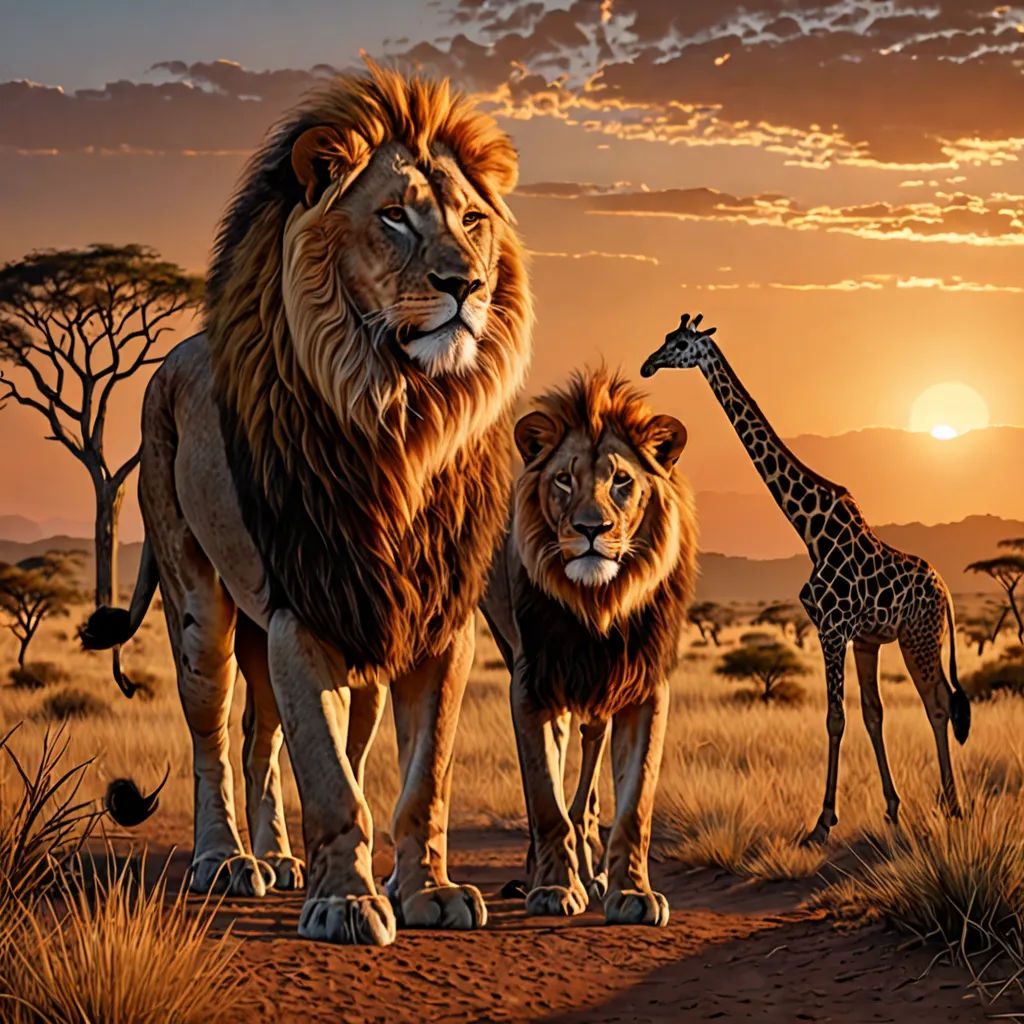 a lion and a giraffe standing in the middle of a field at sunset with a giraffe in the background, photorealism, a digital painting, Brothers Hildebrandt, photoreal