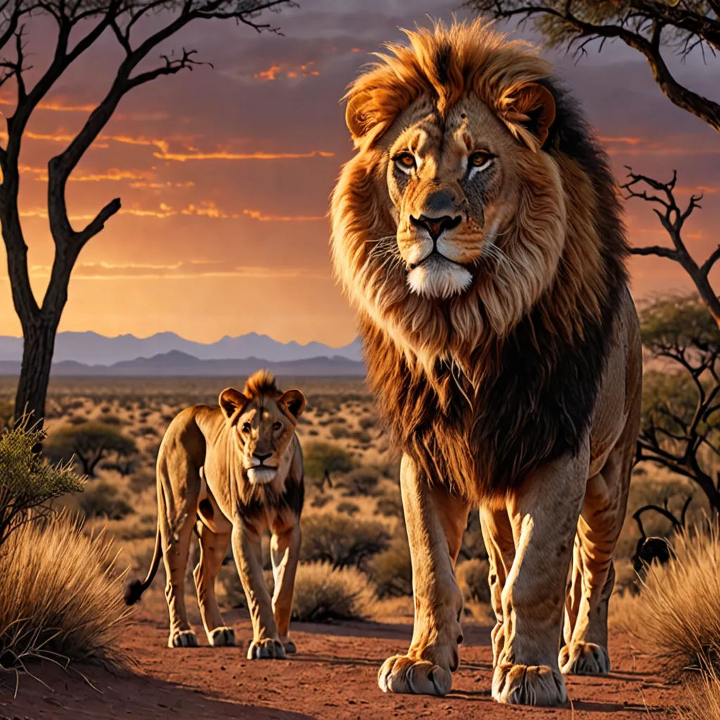 a couple of lions walking across a dirt road next to trees and bushes at sunset with a sky background, photorealism, a photorealistic painting, Brothers Hildebrandt, wildlife photography