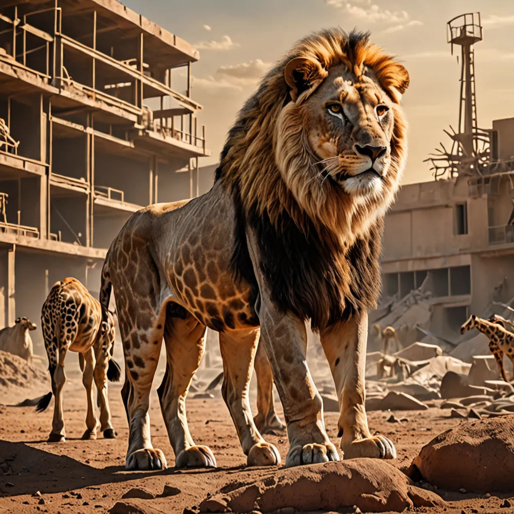 a lion and a giraffe standing in front of a building with a sky background and a giraffe in the foreground, photorealism, a detailed matte painting, Chris LaBrooy, photoreal