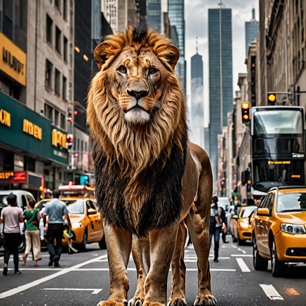 a lion statue is standing in the middle of a busy street in new york city, ny, usa, lyco art, a matte painting, Chris LaBrooy, animal photography