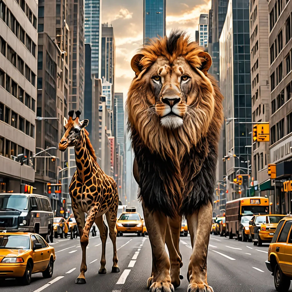 a lion and a giraffe are walking down the street in a city with tall buildings and traffic, fantastic realism, a matte painting, Chris LaBrooy, wildlife photography