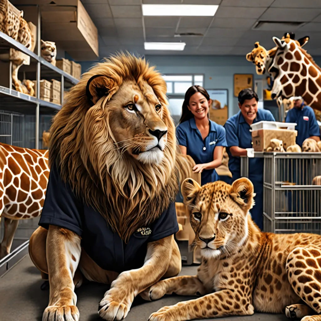 a group of people standing around a stuffed lion and giraffe in a room with giraffes, fantastic realism, a photorealistic painting, Chris LaBrooy, photoreal