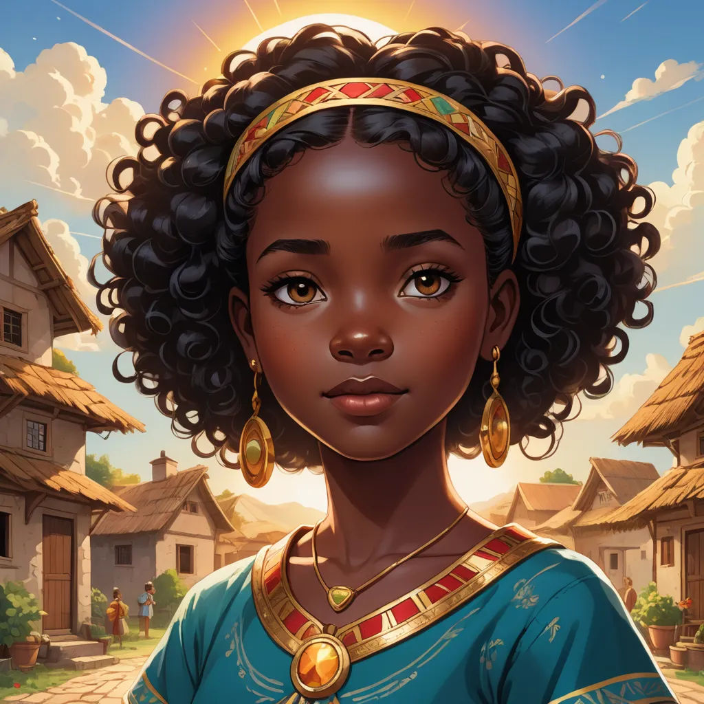 a young black woman with a head piece and a gold necklace on her head, standing in front of a village, fantasy art, a character portrait, Constance Gordon-Cumming, rossdraws global illumination
