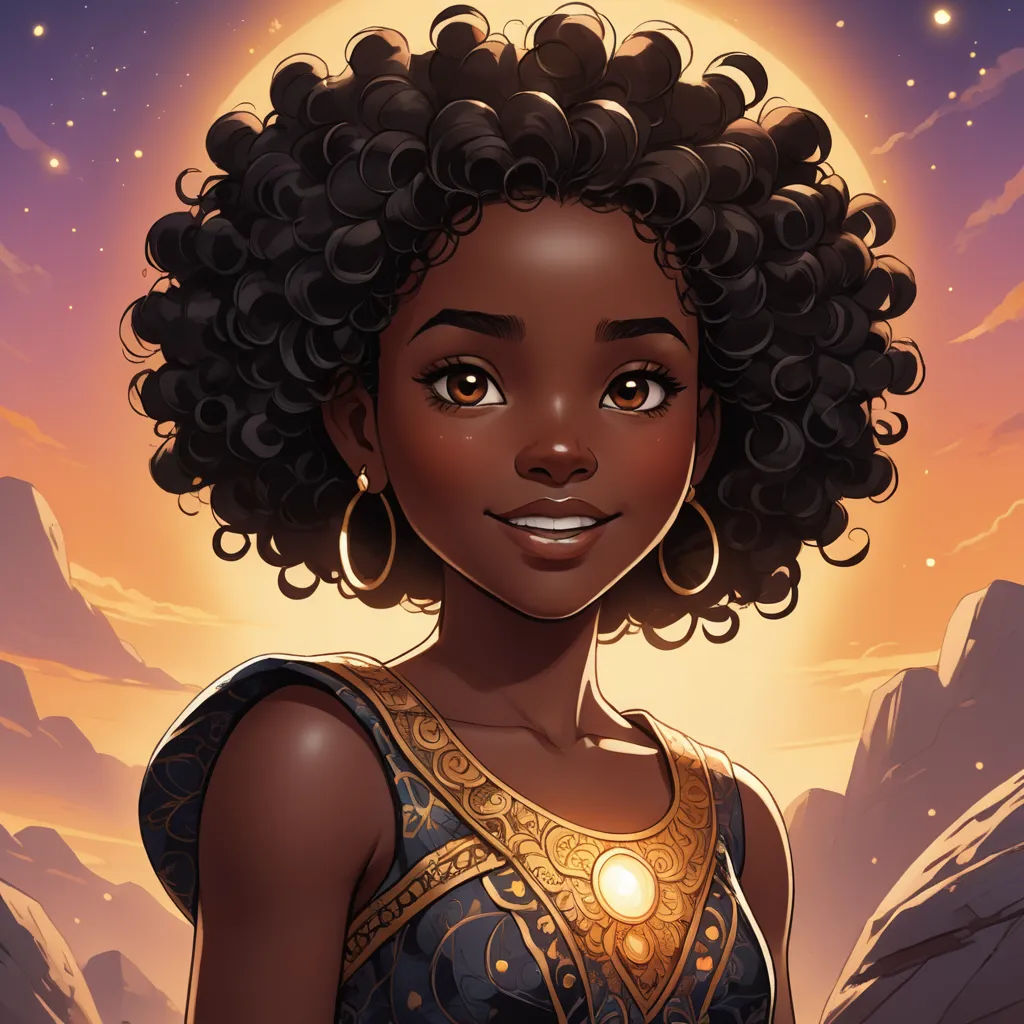 a cartoon character with a golden necklace and afro hair, standing in front of a mountain landscape with a full moon, afrofuturism, a character portrait, Chinwe Chukwuogo-Roy, brown skin