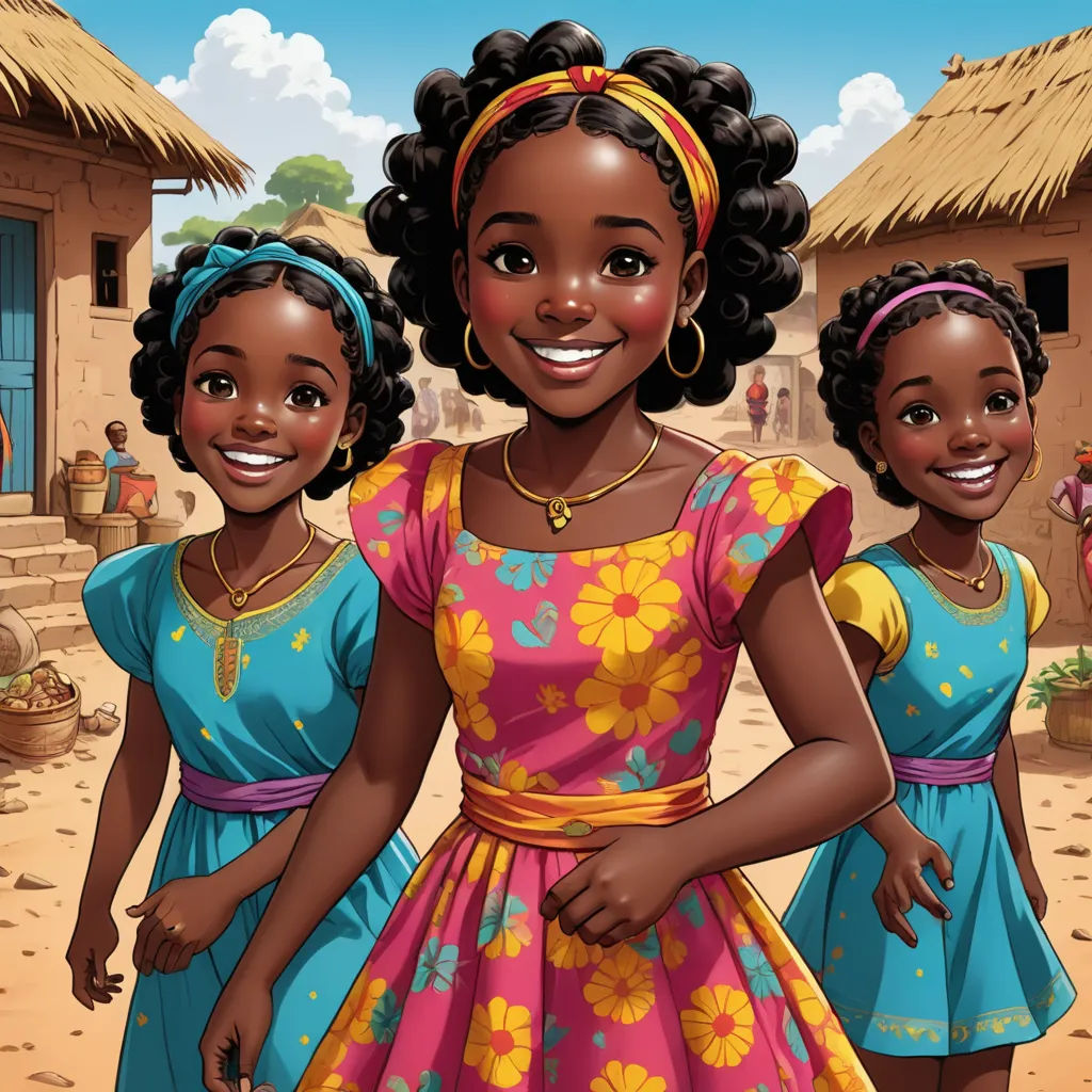 a cartoon of three women in colorful dresses standing in front of a village with straw huts and a thatched roof, lyco art, a storybook illustration, Chinwe Chukwuogo-Roy, comic cover art