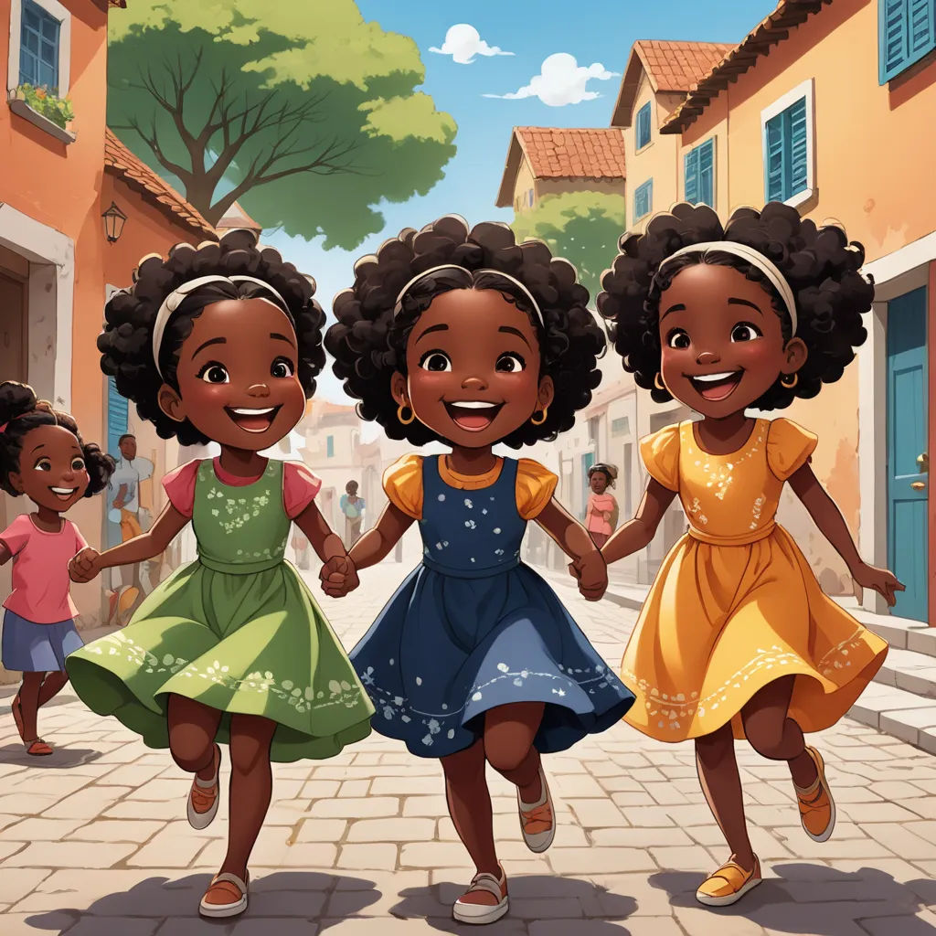 three young girls are running down a street together in dresses and shoes, with a building in the background, lyco art, a storybook illustration, Chinwe Chukwuogo-Roy, brown skin