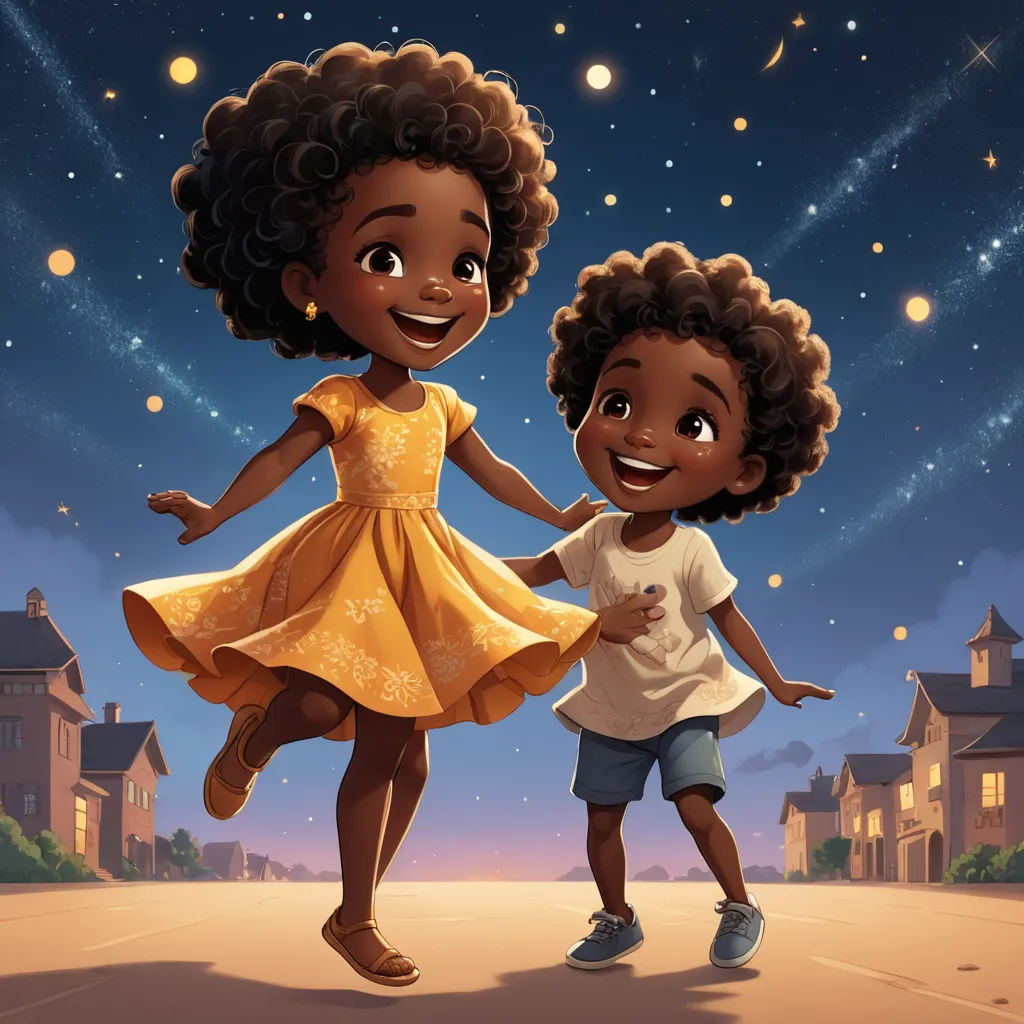 a couple of kids that are standing in the street together with a sky full of stars behind them and a building with a lot of lights, harlem renaissance, a storybook illustration, Chinwe Chukwuogo-Roy, comic cover art