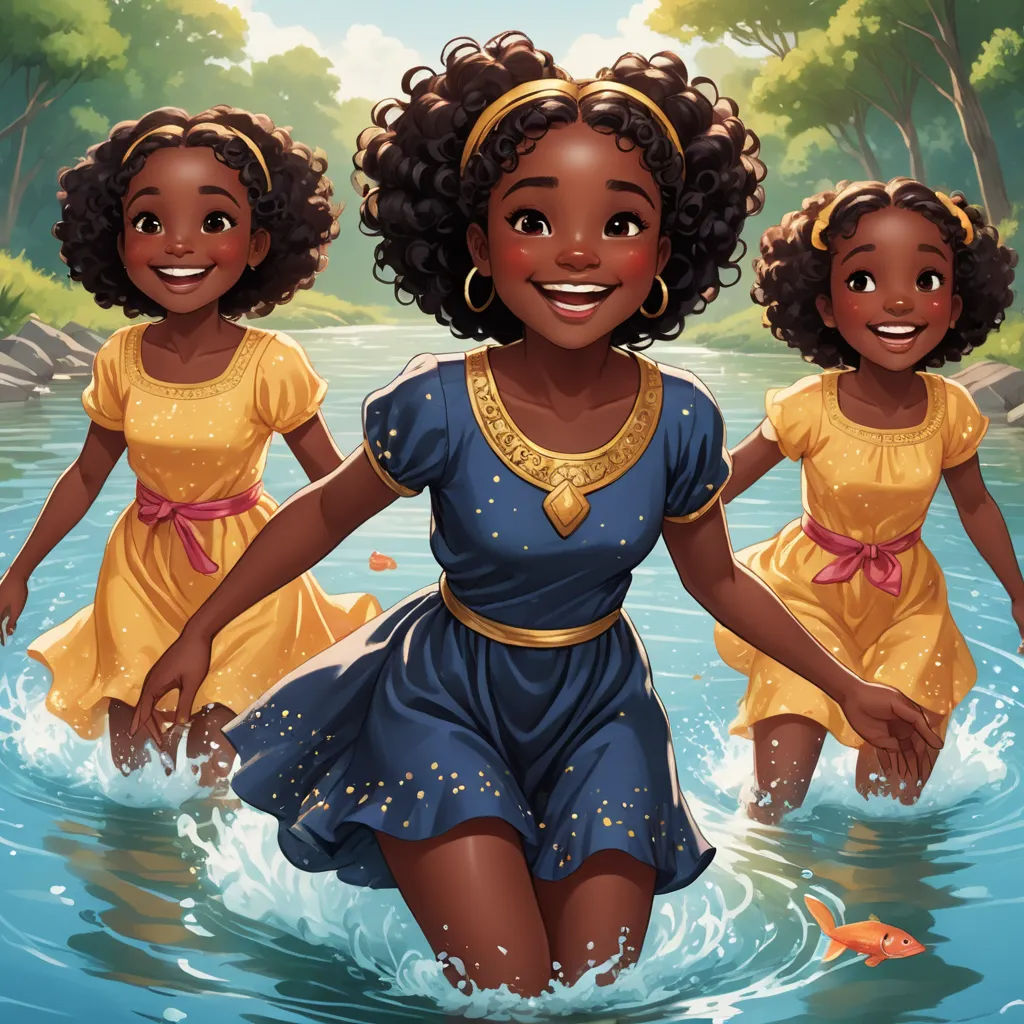 a cartoon of three girls in a river with a fish in their hand and a man in the background, lyco art, a storybook illustration, Chinwe Chukwuogo-Roy, comic cover art
