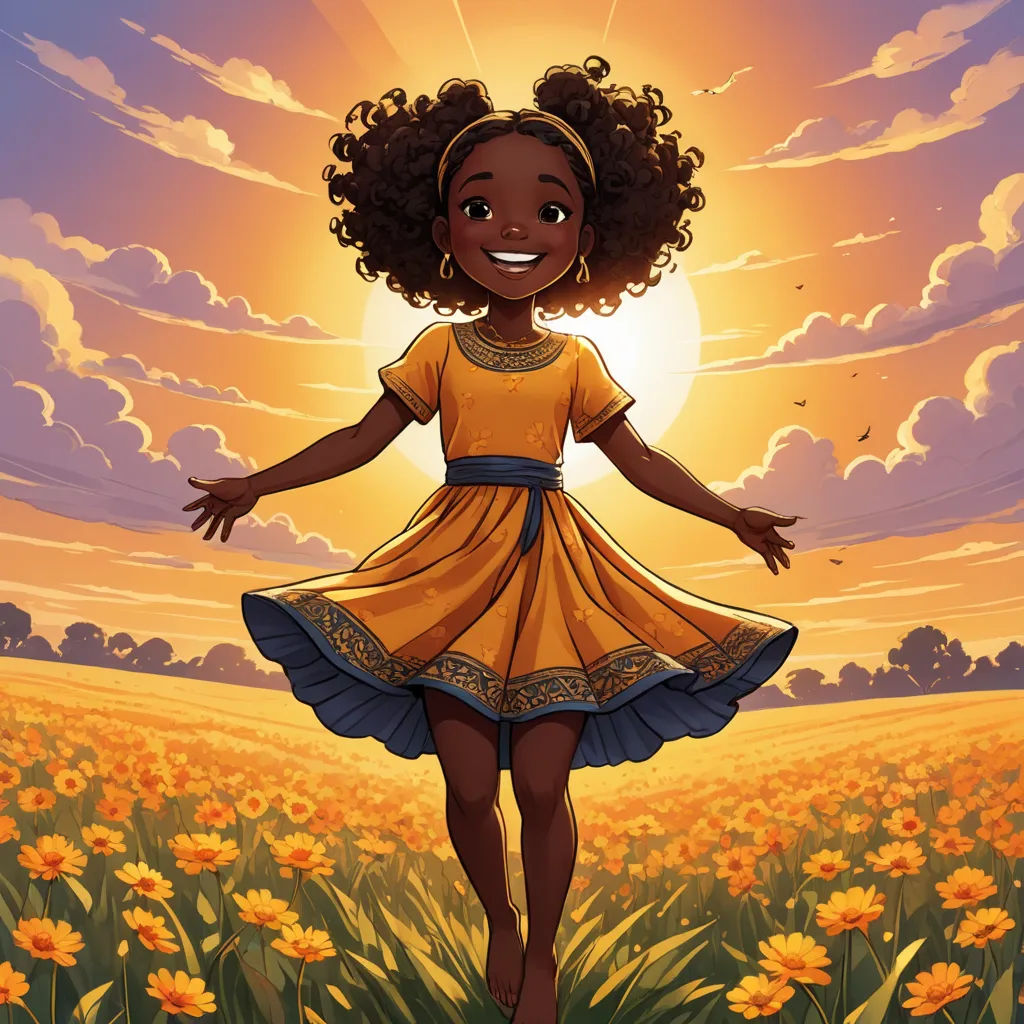 a cartoon girl in a yellow dress is walking through a field of flowers with the sun in the background, afrofuturism, a storybook illustration, Chinwe Chukwuogo-Roy, comic cover art