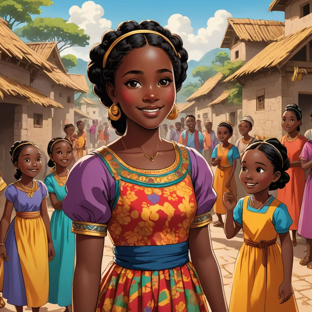 a cartoon of a woman in a colorful dress standing in front of a group of people in a village, afrofuturism, a storybook illustration, Chinwe Chukwuogo-Roy, official art