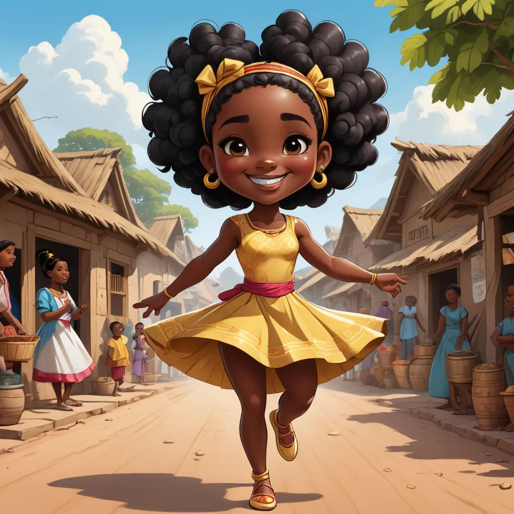 a cartoon girl in a yellow dress is running down a street with people in the background and a tree, afrofuturism, a storybook illustration, Chinwe Chukwuogo-Roy, brown skin