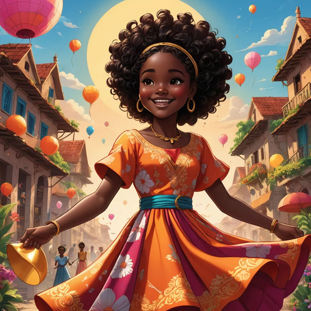 a cartoon girl in a dress and headband holding a yellow jug in a street with balloons in the background, afrofuturism, a storybook illustration, Chinwe Chukwuogo-Roy, comic cover art