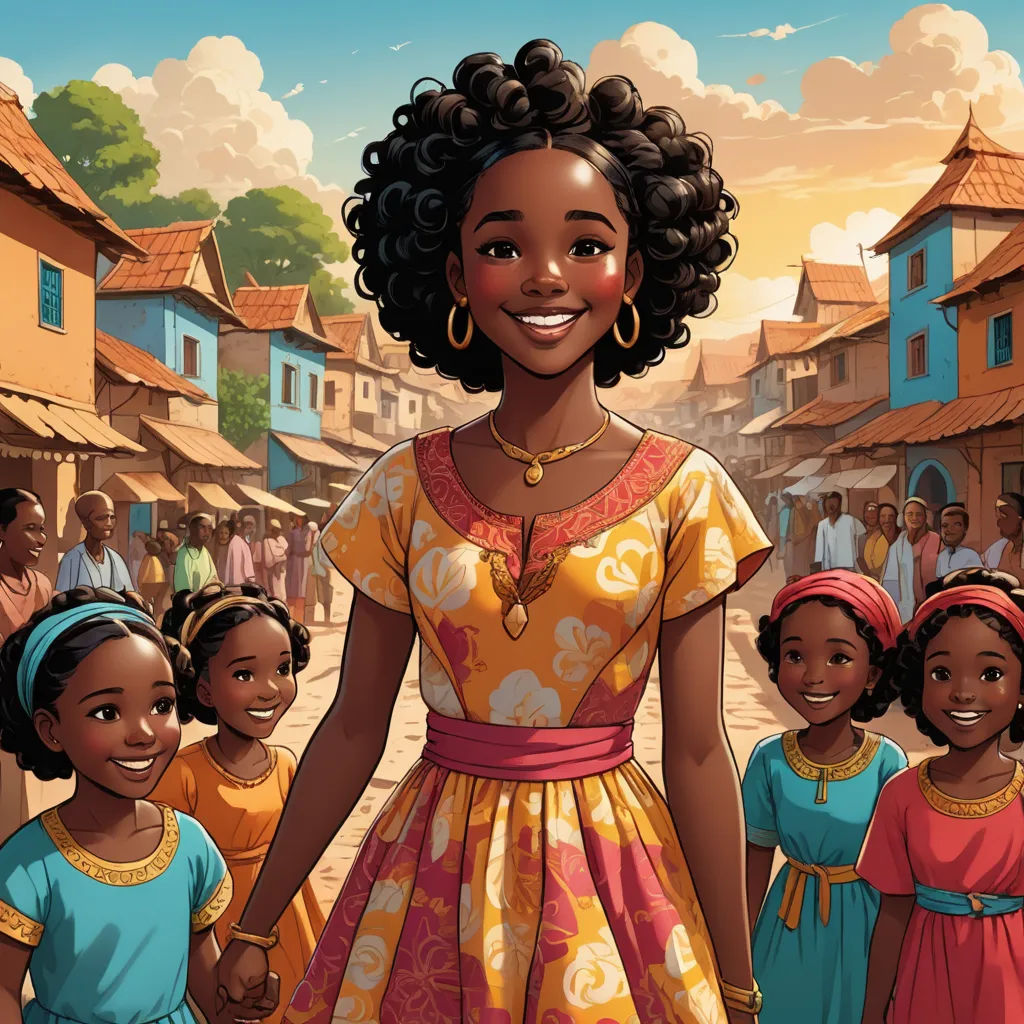 a woman in a dress is holding hands with children in a village in the background, with a sky background, afrofuturism, a storybook illustration, Chinwe Chukwuogo-Roy, comic cover art