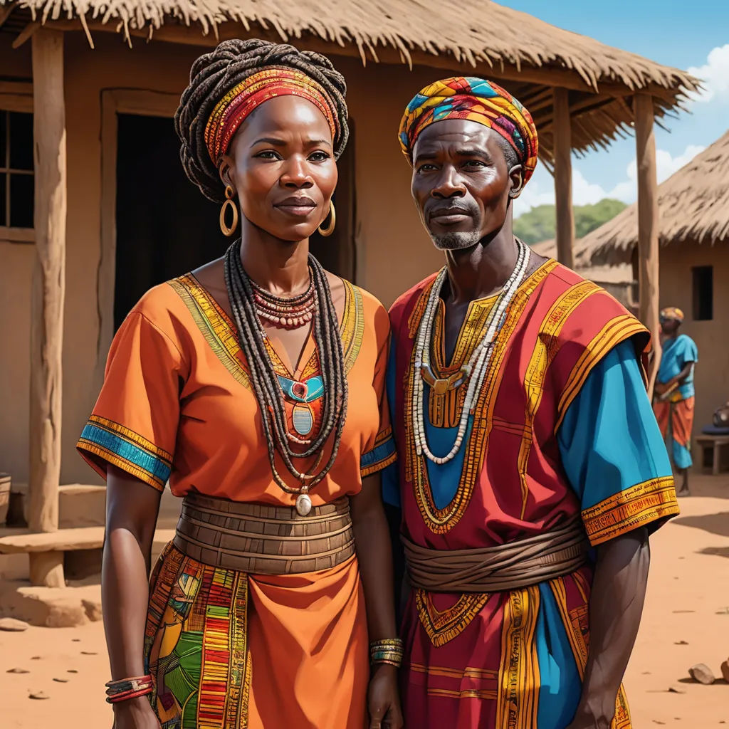 two people standing in front of a hut with a thatched roof and a straw hut with thatched roof, photorealism, a photorealistic painting, Chinwe Chukwuogo-Roy, highly detailed digital painting