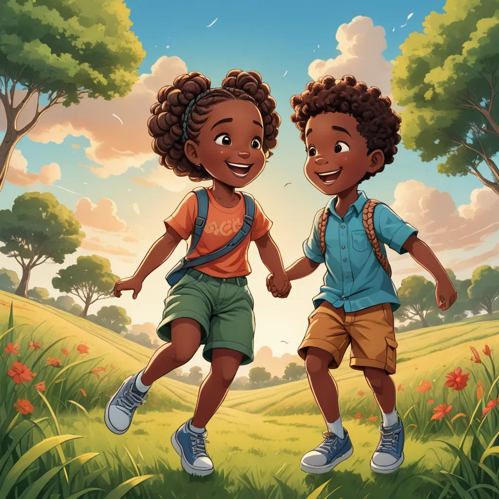 two children are walking through a field holding hands and smiling at each other with trees in the background and a blue sky, harlem renaissance, a storybook illustration, Chinwe Chukwuogo-Roy, official art