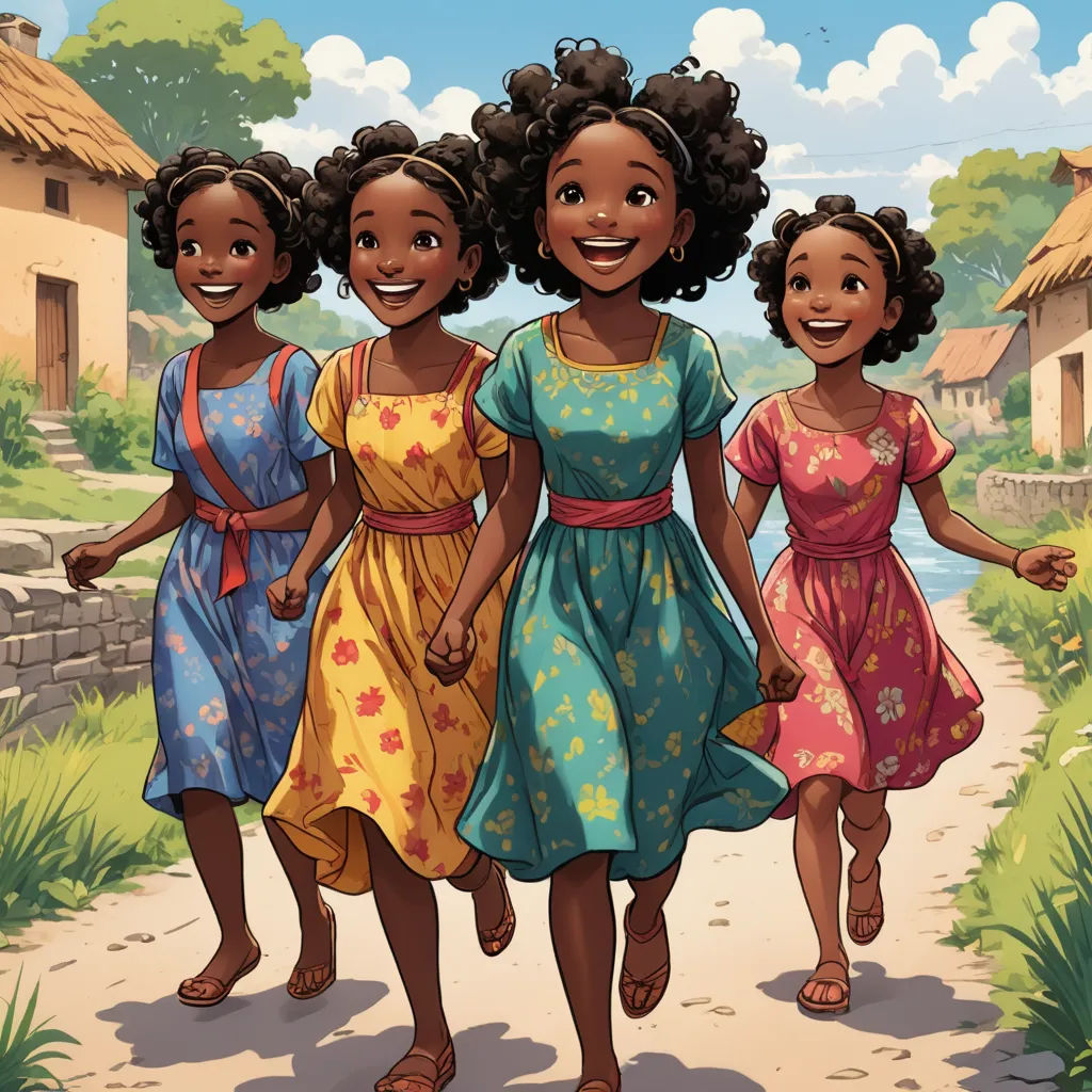 three young girls walking down a path in a cartoon style, with a village in the background and a river running through the middle, lyco art, a storybook illustration, Chinwe Chukwuogo-Roy, comic cover art