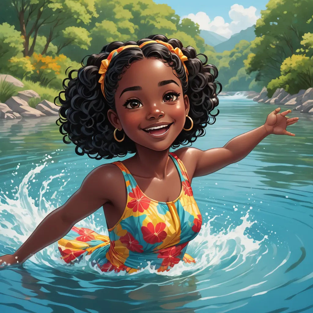 a cartoon girl in a bathing suit in the water with her arms out and her hand out to the side, photorealism, a storybook illustration, Bob Thompson, brown skin
