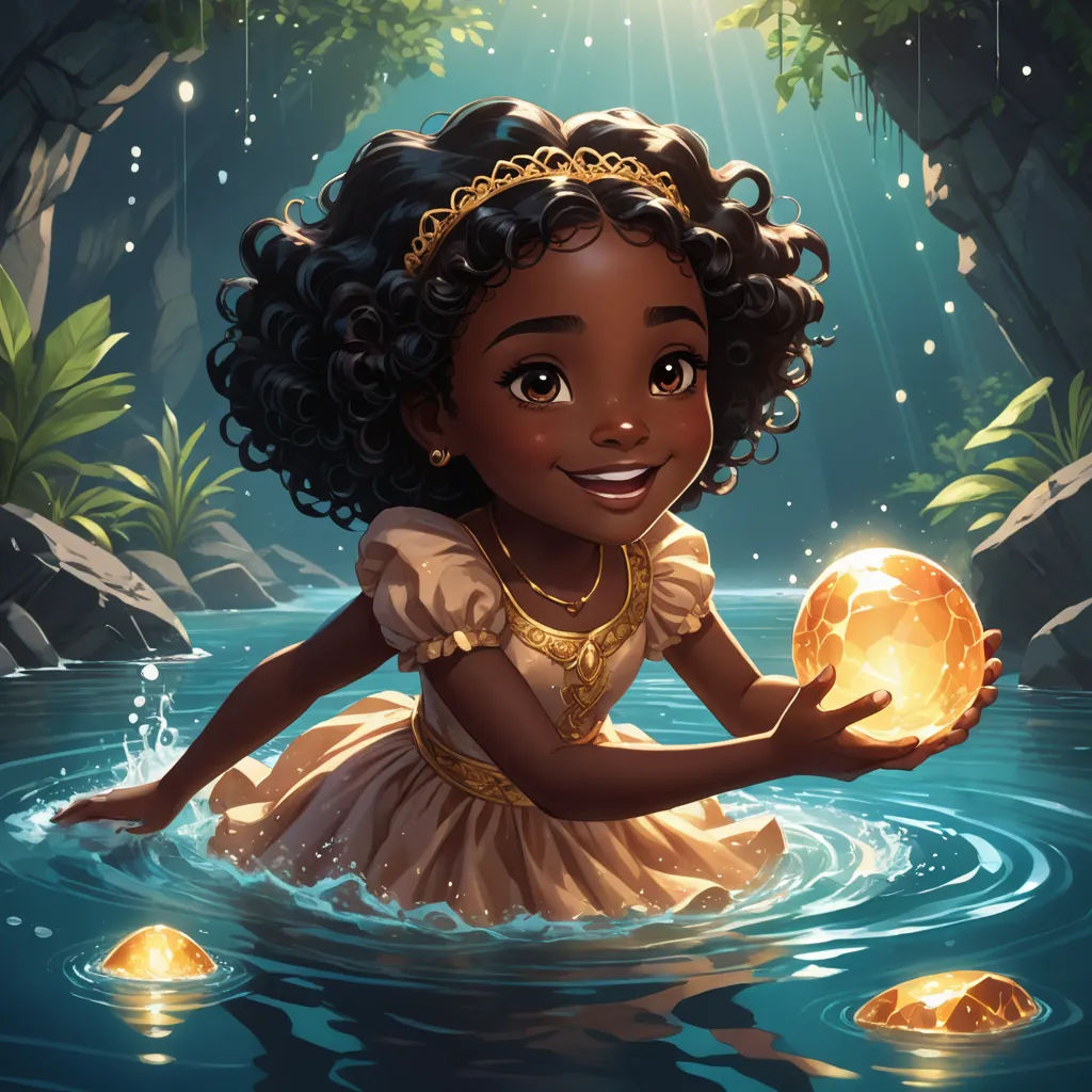 a cartoon girl in a dress holding a ball in a river with rocks and trees in the background and a star above her head, fantasy art, a storybook illustration, Chris Rallis, rossdraws global illumination
