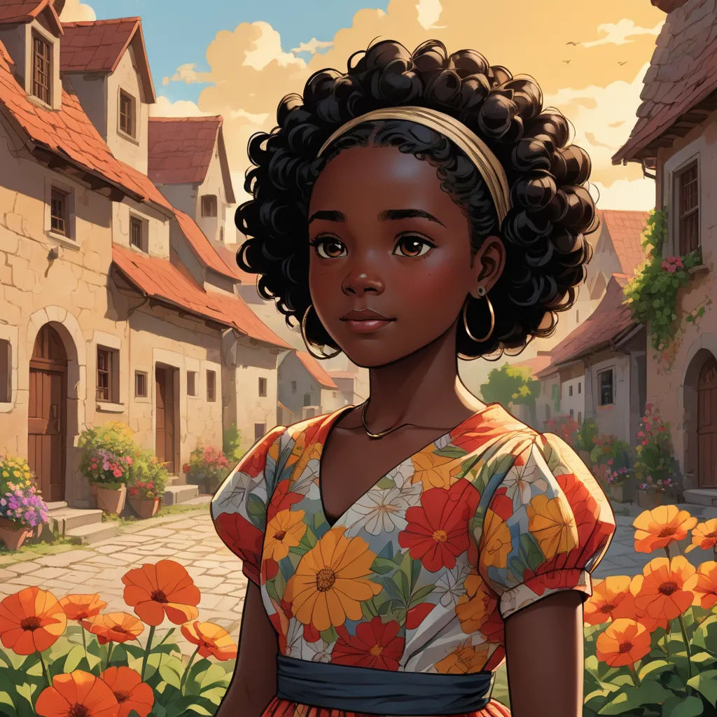 a black woman in a floral dress standing in front of a flower garden with a house in the background, harlem renaissance, a character portrait, Constance Gordon-Cumming, kinkade