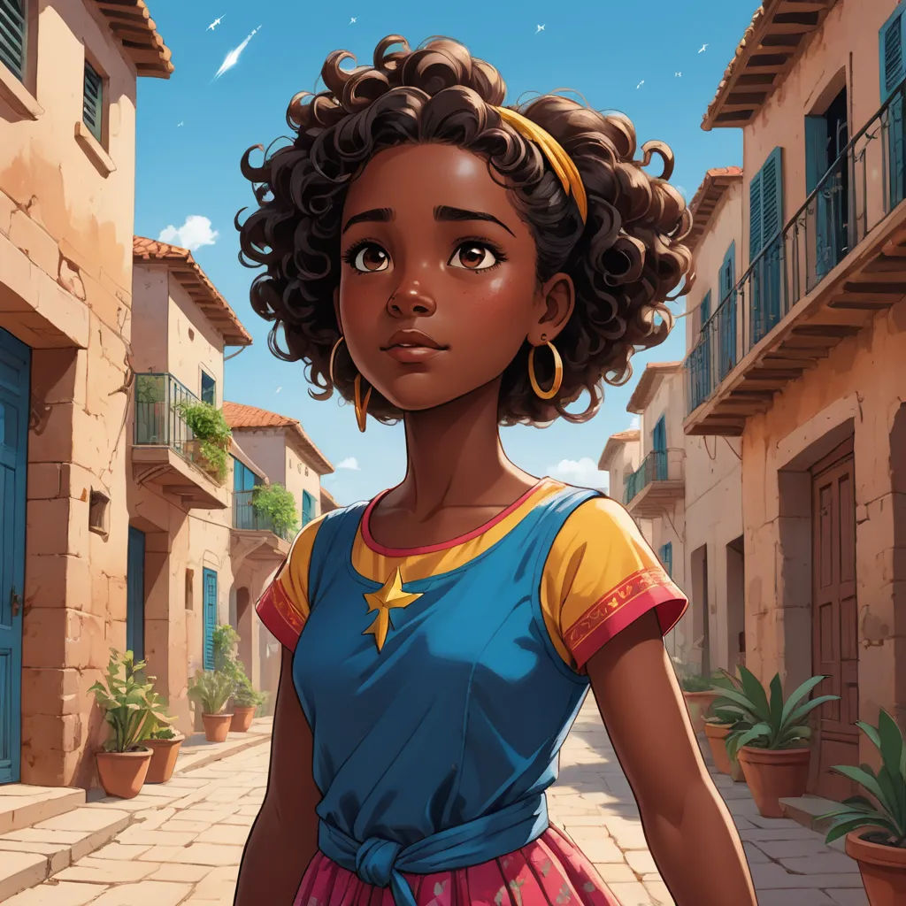 a cartoon girl in a dress standing in a street with a building in the background and a potted plant in the foreground, magical realism, a character portrait, Constance Gordon-Cumming, comic cover art