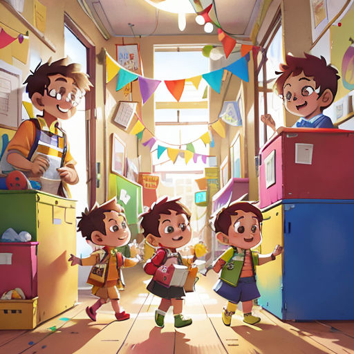 a group of children standing in a hallway next to a refrigerator and a man with a backpack on his shoulder