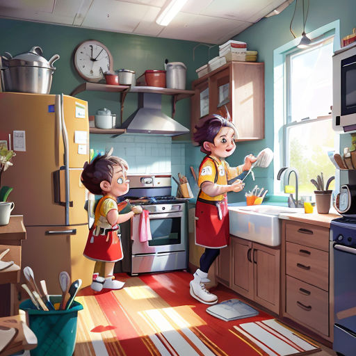 a couple of kids standing in a kitchen next to a stove top oven and a sink with a clock on the wall