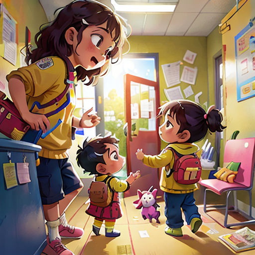 a group of children standing in a hallway next to a door and a dog on the floor next to a chair