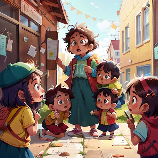 a group of children standing around a woman in a green dress and a man in a red shirt and a woman in a yellow shirt