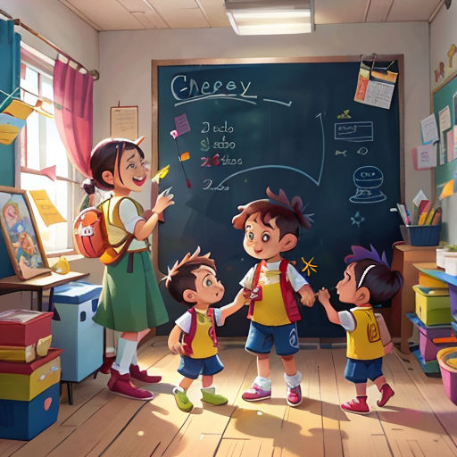 a group of children standing in front of a chalkboard in a room with a teacher and two other children