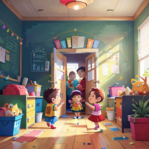 a group of children standing in a room with a chalkboard on the wall and a chalkboard on the wall