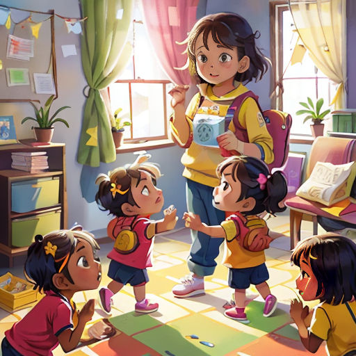 a group of children standing around a room with a window and a book on the floor and a book on the floor